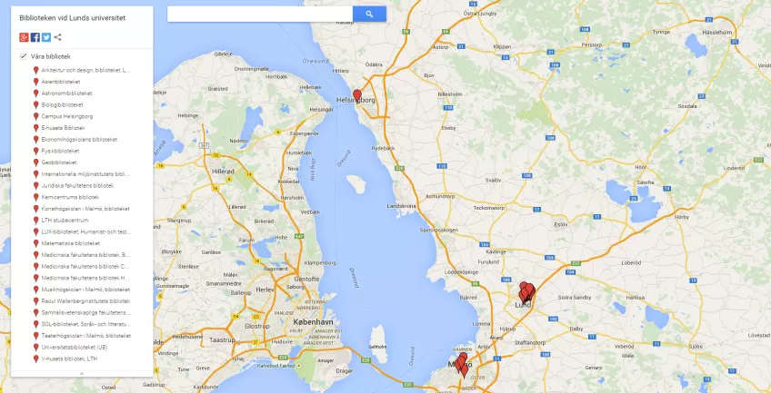 Map over the libraries at Lund University.